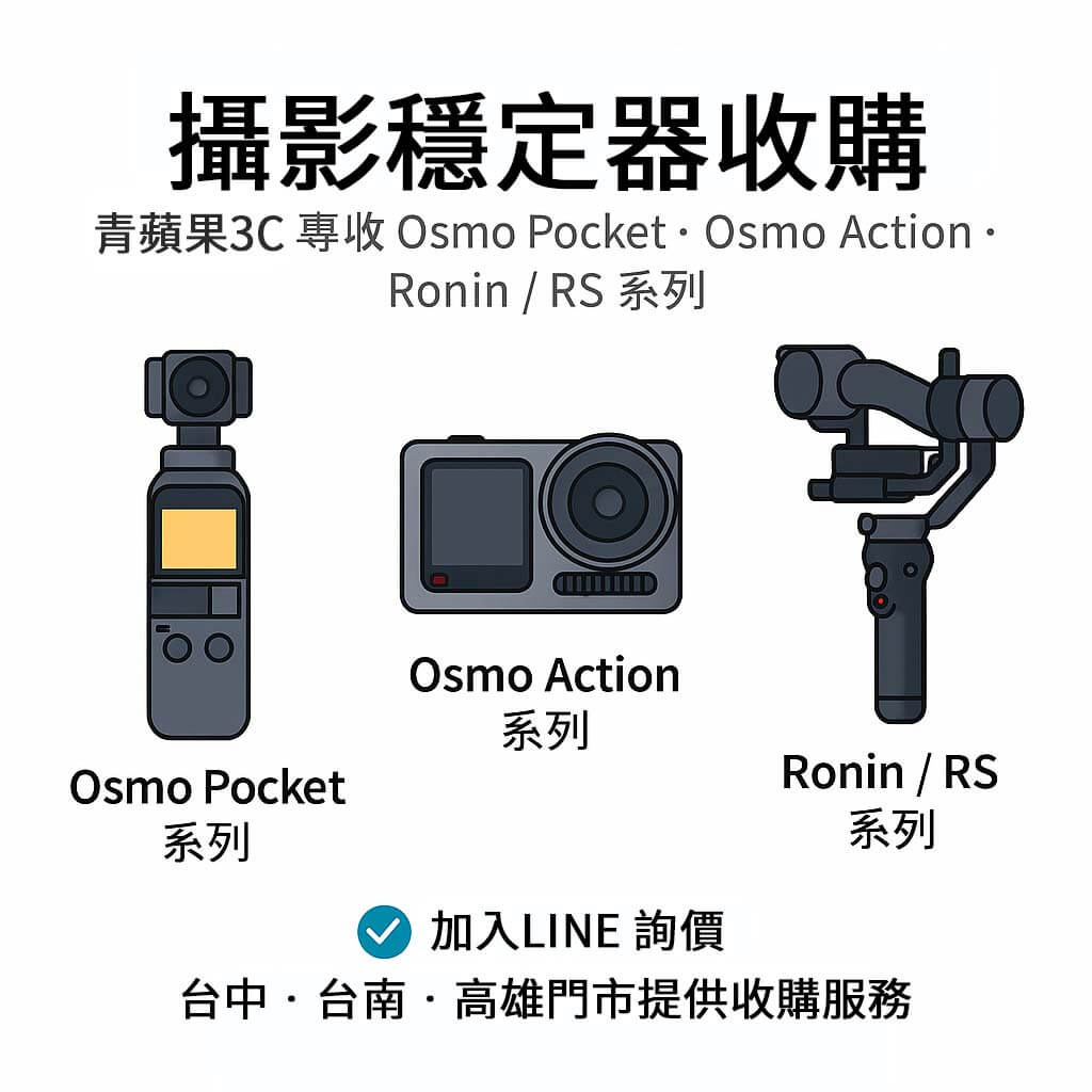 青蘋果3C 收購 DJI 攝影穩定器,涵蓋 Pocket、Action、Ronin / RS 系列與配件,支援線上估價與門市交易,立即變現器材!