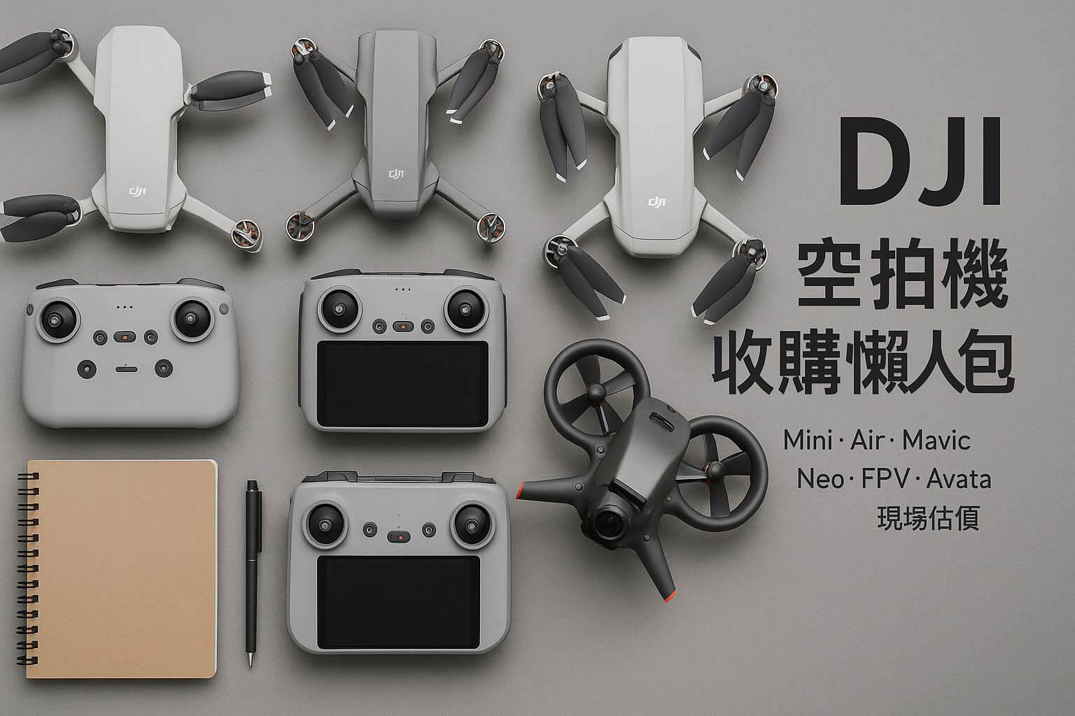 多台 DJI 空拍機整齊擺放在桌面上的懶人包封面,搭配 DJI 空拍機收購說明文字