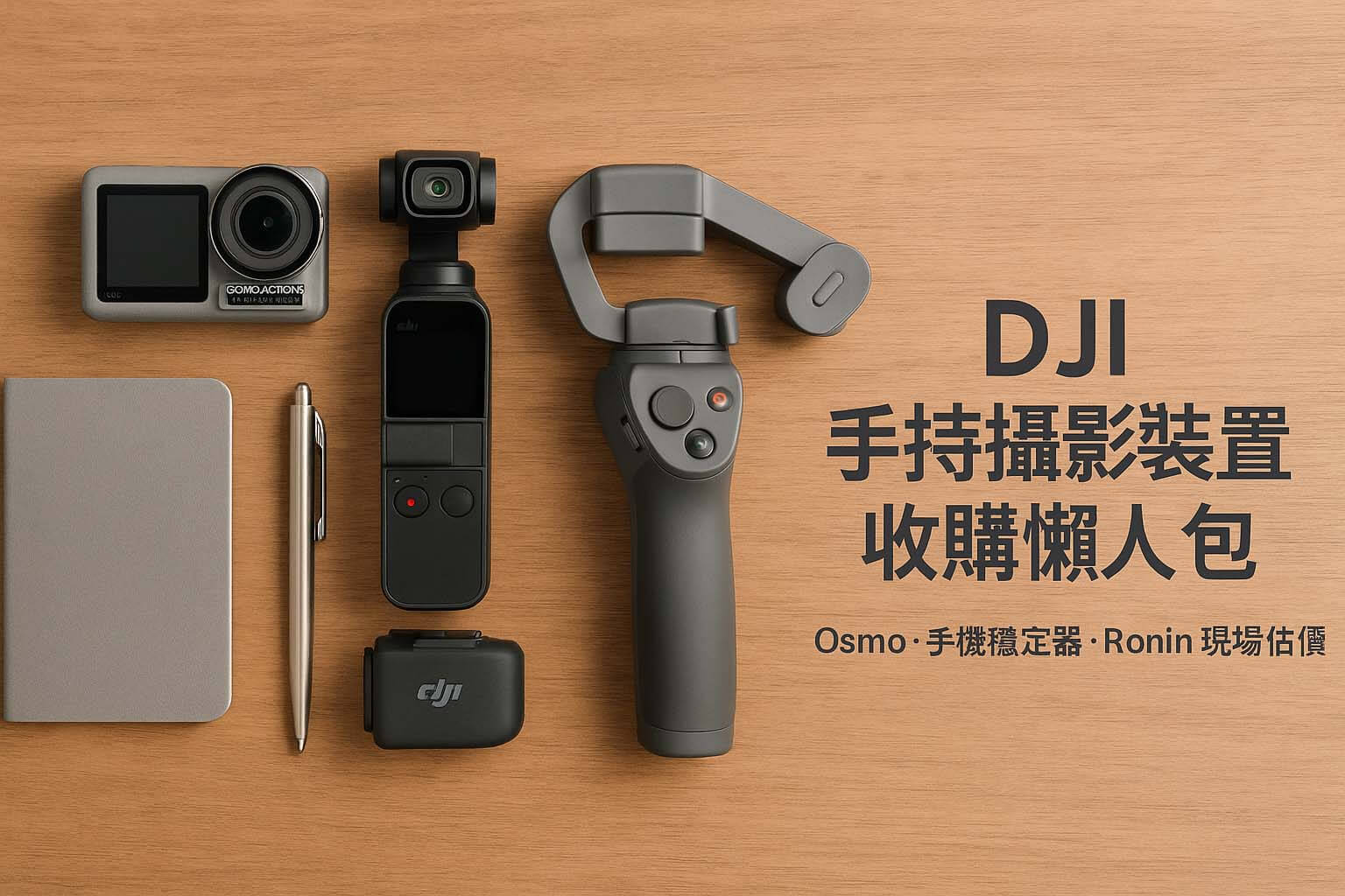 多款 DJI 手持攝影裝置如 Osmo 相機與手機穩定器擺放在桌面上的懶人包封面圖