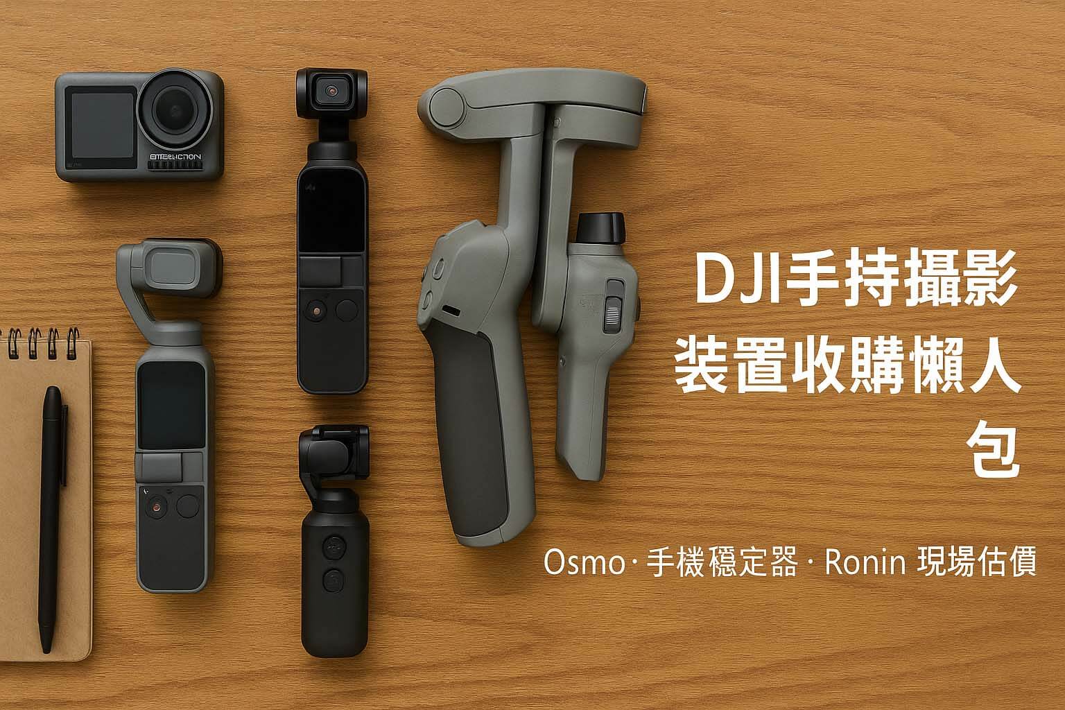 多款 DJI 手持攝影裝置如 Osmo 相機與手機穩定器擺放在桌面上的懶人包封面圖