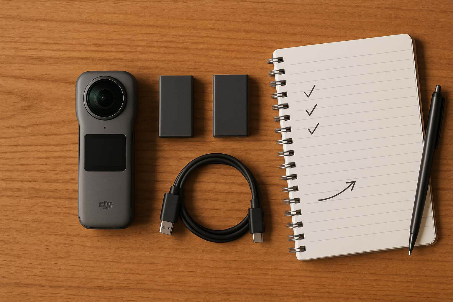 木質桌面上擺放 Osmo 風格 360 全景相機、電池與勾選標記的整理清單筆記本,象徵器材盤點與出清