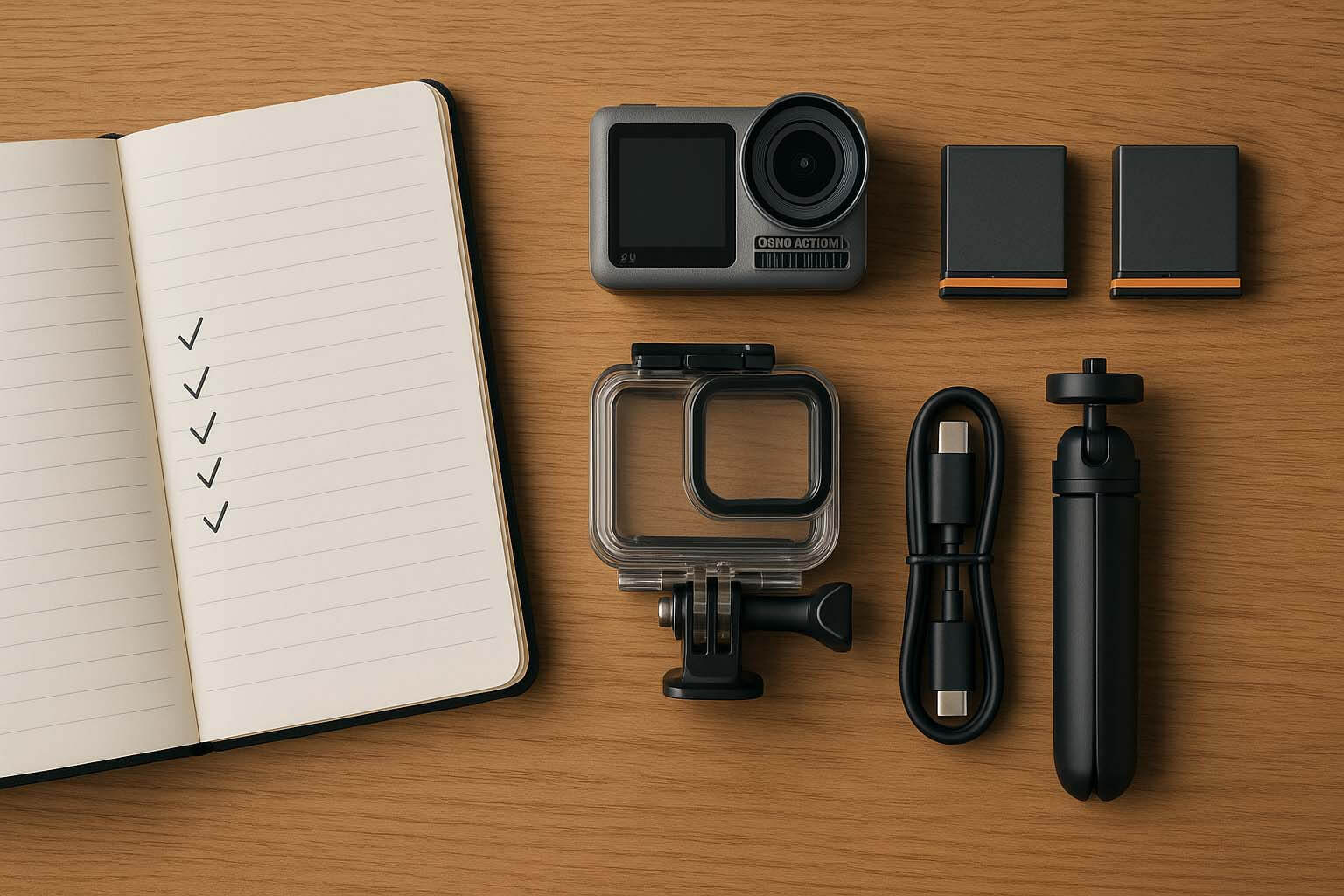 俯視桌面上有 Osmo 風格運動相機、防水殼和配件,旁邊放著器材清單筆記本的構圖