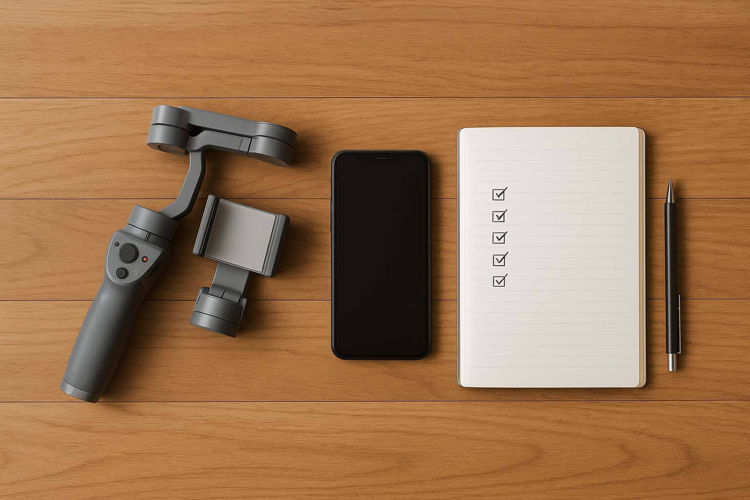 16:9,俯視角木質桌面,一支具有 DJI 風格的手機穩定器平放在畫面中央偏左,右側放著一支智慧型手機與一支原子筆,旁邊打開的筆記本上有簡單的器材清單與勾選標記。整體畫面簡潔、明亮,呈現整理與盤點 Osmo Mobile 是否要出清的感覺,不加入任何文字。