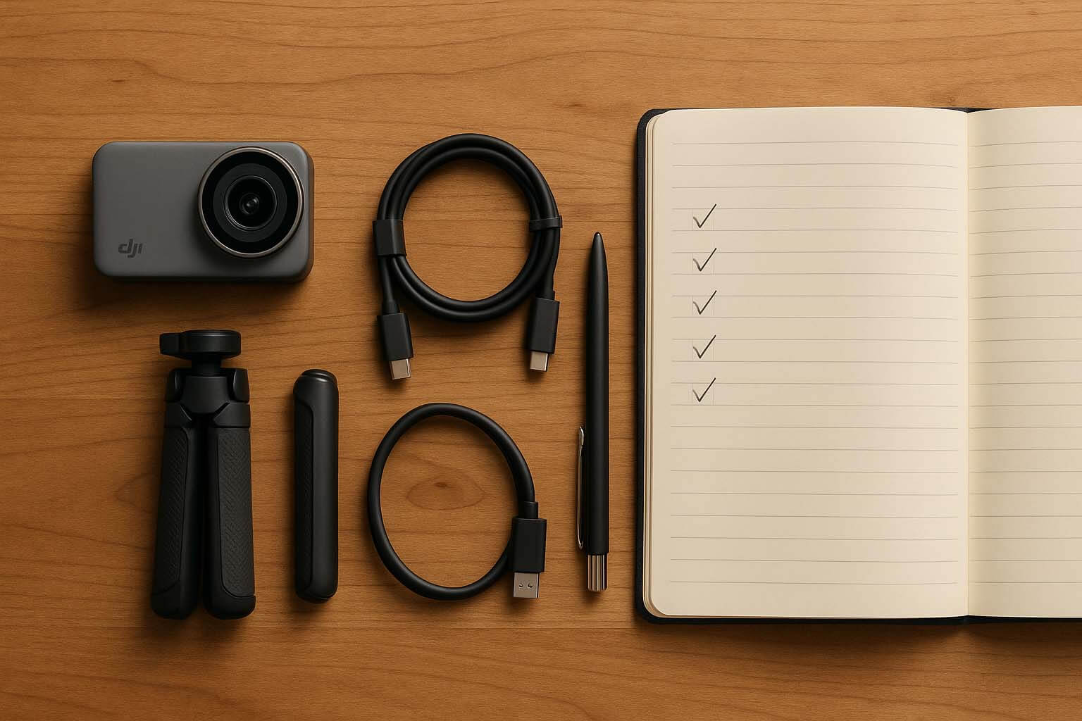 Osmo Nano / Vlog 小機、配件與筆記本清單擺放在桌面的俯視構圖,象徵整理器材