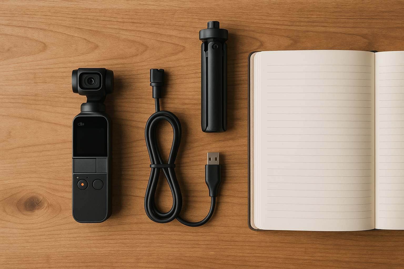 Osmo Pocket 相機與配件的生活風格俯視拍攝,用於文章插圖