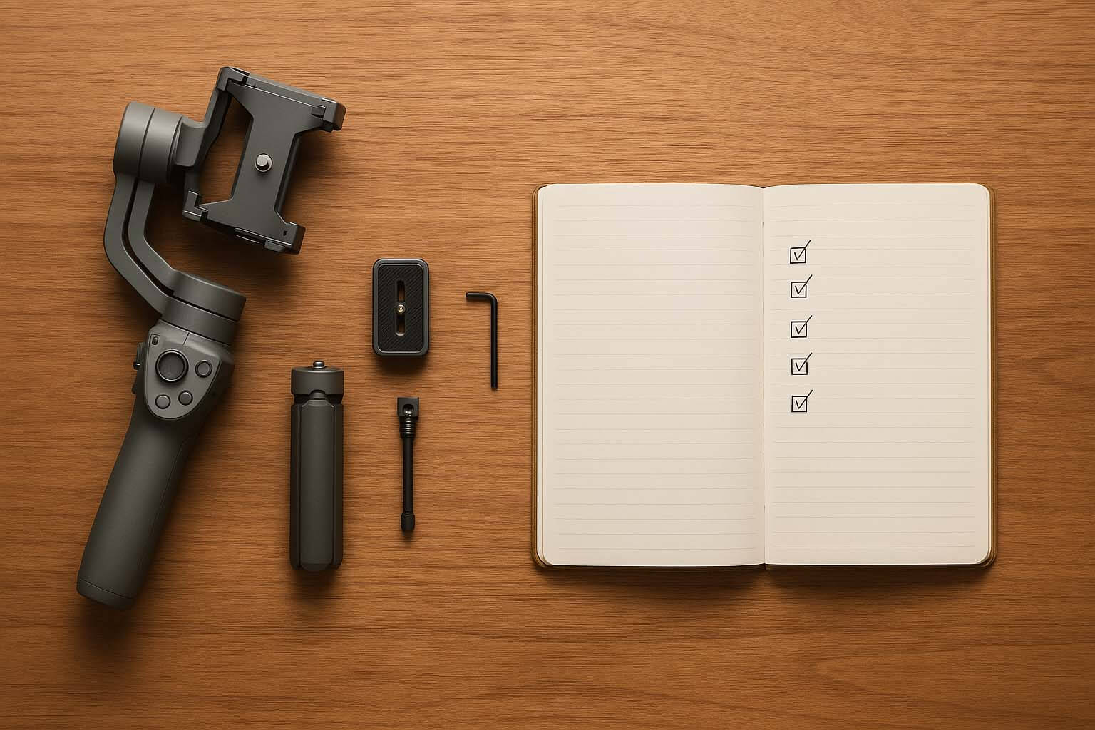 Ronin / RS 專業穩定器與配件平放在桌面,旁邊有器材檢查清單筆記本的俯視畫面