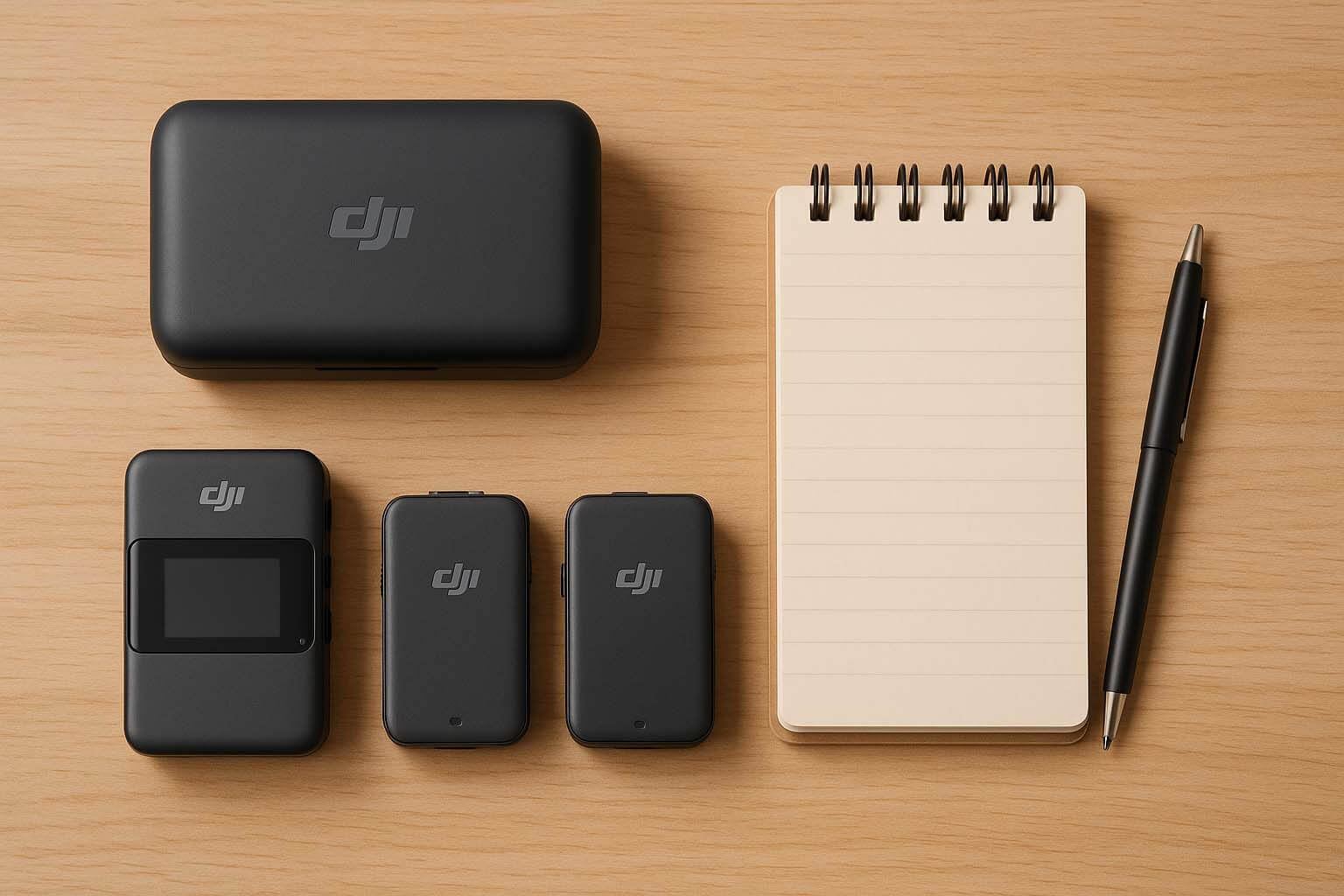 DJI Mic 發射器、接收器與收納盒的俯視構圖插圖