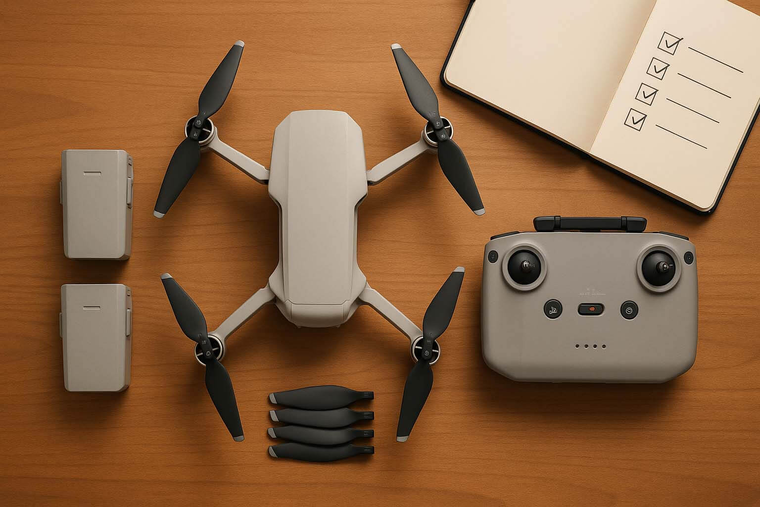 DJI Air 風格空拍機、遙控器與電池整齊擺放在桌面上的俯視構圖插圖