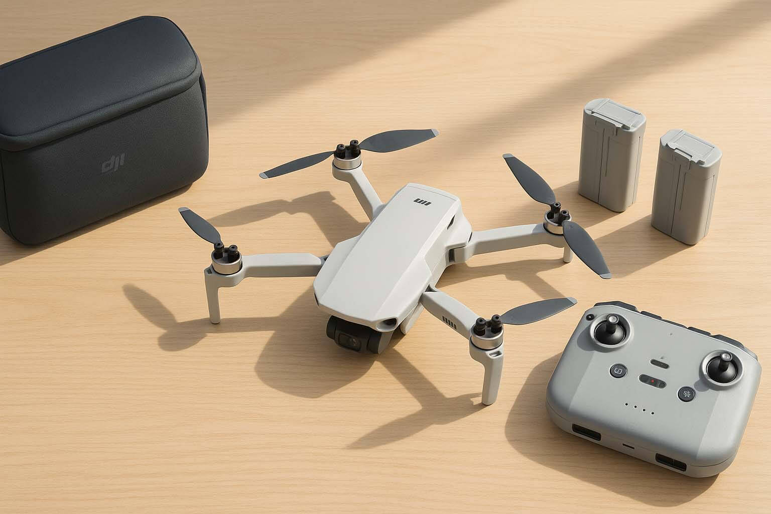 DJI Mini 系列風格空拍機、遙控器與電池擺放在桌面上的俯視場景