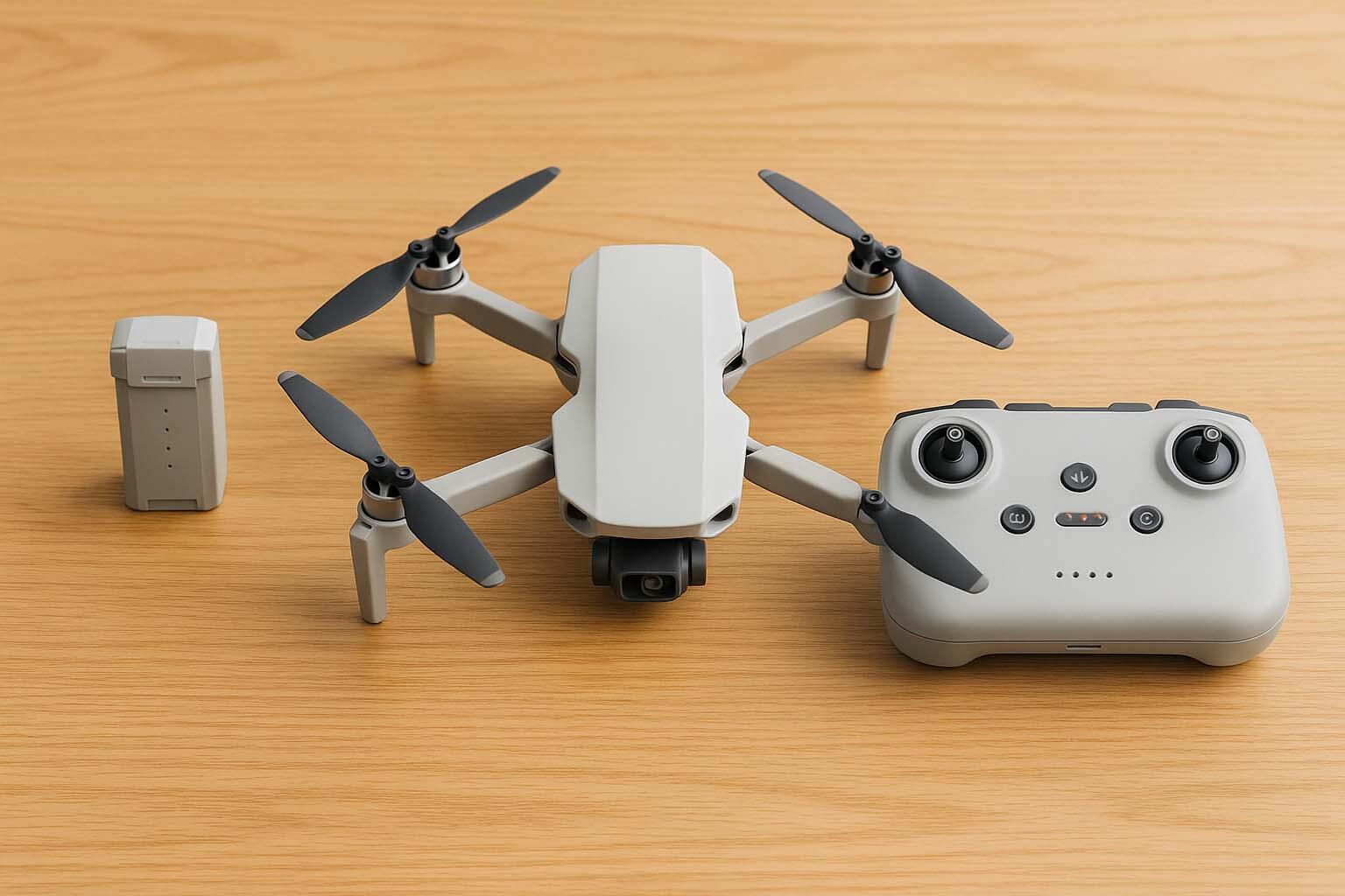 DJI Neo 系列風格的小型空拍機、遙控器與電池擺放在桌面的俯視構圖