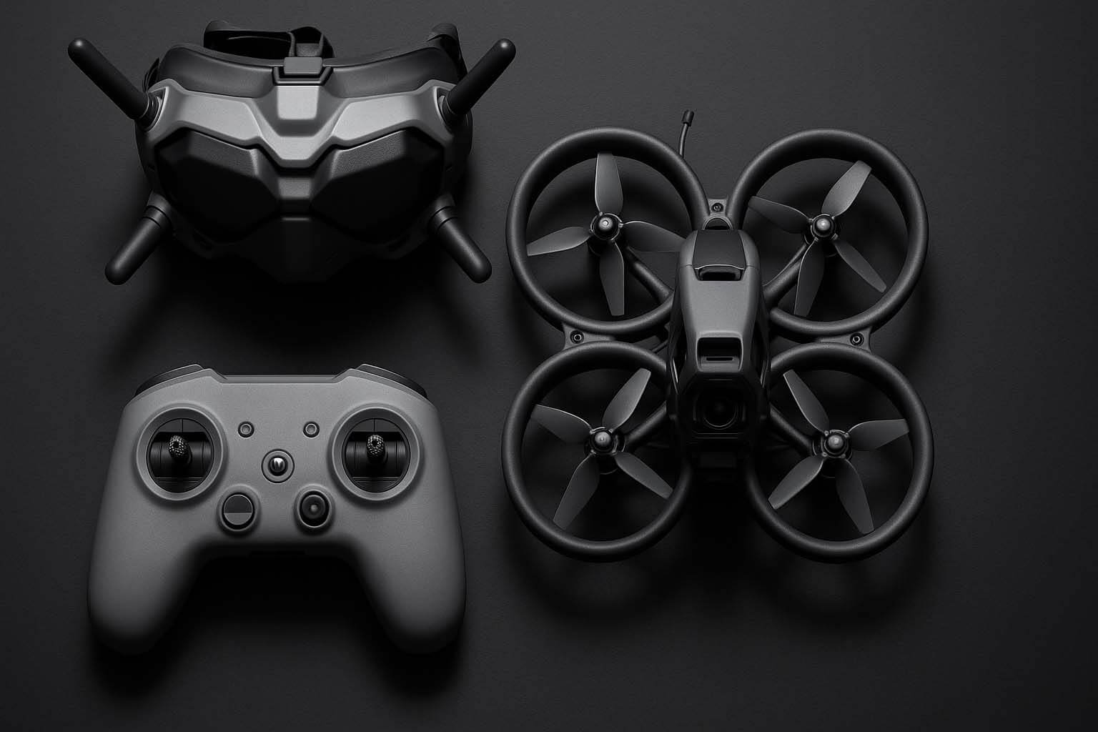 DJI FPV 或 Avata 風格機體、頭戴顯示器與遙控器的俯視構圖,用於呈現飛行設備場景